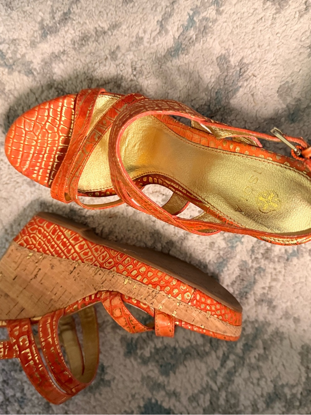 Orange and gold Croc-Embossed Wedge Sandals - Women's Summer Heels
